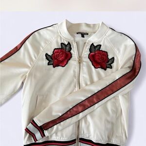 Express White Bomber Jacket with Red Floral Embroidery